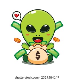 cute alien with money bag cartoon vector illustration.