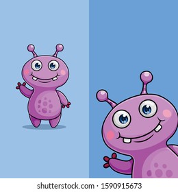 Cute alien  monster character waving, with different display angle position, Hand drawn
