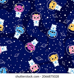 Cute alien monsters astronaunt flying around in outer space, seamless pattern on dark background with stars, childish ornament for textile or print with astronauts