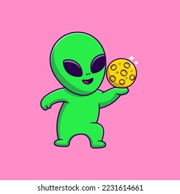 Cute Alien With Moon Cartoon Vector Icons Illustration. Flat Cartoon Concept. Suitable for any creative project.