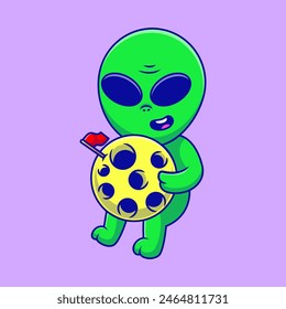 Cute Alien With Moon Cartoon Vector Icons Illustration. Flat Cartoon Concept. Suitable for any creative project.