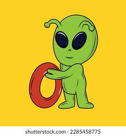 Cute Alien mit O-Letter-Cartoon-Aufkleber, Vektorgrafik