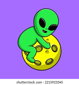 Cute Alien On Moon Cartoon Vector Icons Illustration. Flat Cartoon Concept. Suitable for any creative project.