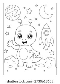 Cute Alien on the Moon Coloring Page for Kids. Happy Extraterrestrial Creature with Rocket Ship and Planets. Isolated Black and White Outline with Rocket and Stars for Kids Activity Books.
