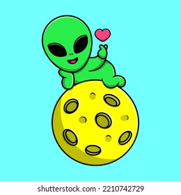 Cute Alien On Moon With Love Sign Hand Cartoon Vector Icons Illustration. Flat Cartoon Concept. Suitable for any creative project.
