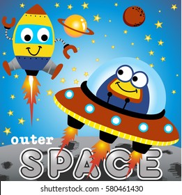 Cute alien on UFO with funny rocket, space elements illustration, vector cartoon illustration. Eps 10