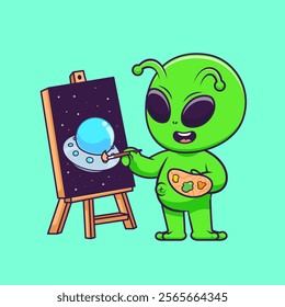 Cute Alien Painting Ufo Cartoon Vector Icon Illustration. 
Science Art Icon Concept Isolated Premium Vector. Flat 
Cartoon Style 