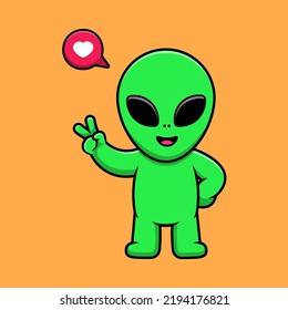 Cute Alien With Peace Hand Cartoon Vector Icon Illustration. Flat Cartoon Concept