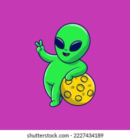 Cute Alien Peace Hand With Moon Cartoon Vector Icons Illustration. Flat Cartoon Concept. Suitable for any creative project.