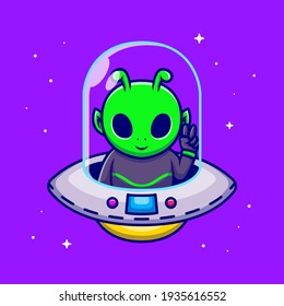 Cute Alien With Peace Hand In Spaceship UFO Cartoon Vector Icon Illustration. Science Technology Icon Concept Isolated Premium Vector. Flat Cartoon Style.