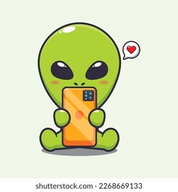 Cute alien with phone cartoon vector illustration. Vector cartoon Illustration suitable for poster, brochure, web, mascot, sticker, logo and icon.