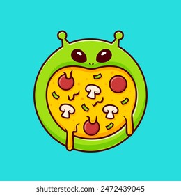 Cute Alien Pizza Cartoon Vector Icon Illustration. Science Food Icon Concept Isolated Premium Vector. Flat Cartoon Style