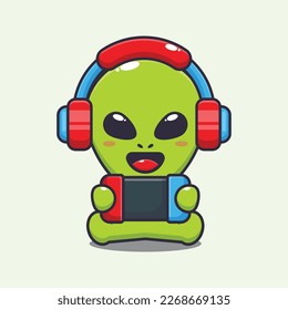 Cute alien play a game cartoon vector illustration. Vector cartoon Illustration suitable for poster, brochure, web, mascot, sticker, logo and icon.