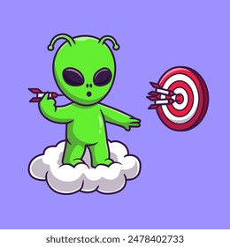 Cute Alien Playing Archery Target On Cloud Cartoon Vector Icon Illustration. Science Holiday Icon Concept Isolated Premium Vector. Flat Cartoon Style