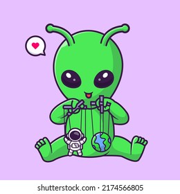 Cute Alien Playing Astronaut And Eart Puppet Cartoon Vector Icon Illustration. Science technology Icon Concept Isolated Premium Vector. Flat Cartoon Style