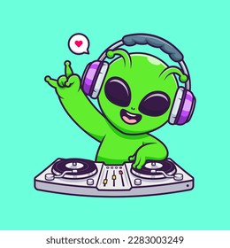 Cute Alien Playing Dj Electronic Music With Headphone Cartoon Vector Icon Illustration. Science Music Icon Concept Isolated Premium Vector. Flat Cartoon Style