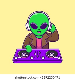 Ilustración De Iconos Del Vector De Dibujos De Caricatura Electrónico De Dj De Alien. Concepto de caricatura plana. Adecuado para cualquier proyecto creativo.