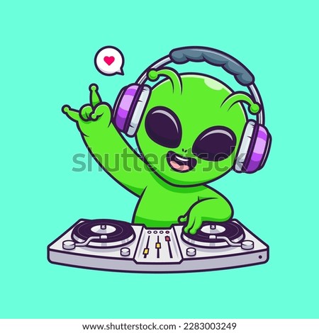 Cute Alien Playing Dj Electronic Music With Headphone Cartoon Vector Icon Illustration. Science Music Icon Concept Isolated Premium Vector. Flat Cartoon Style