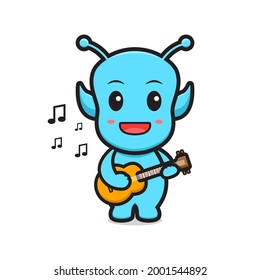 Cute alien playing guitar cartoon vector icon illustration.Design isolated. Flat cartoon style.