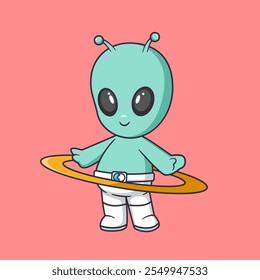 Cute alien playing hula hoop happily Cartoon Vector Icon Illustration. Scene sport Icon Concept Isolated Premium Vector