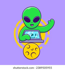 Cute Alien Playing Laptop Cartoon Vector Icons Illustration. Flat Cartoon Concept. Suitable for any creative project.