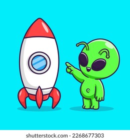 Cute Alien Playing With Rocket Cartoon Vector Icon Illustration. Science Technology Icon Concept Isolated Premium Vector. Flat Cartoon Style