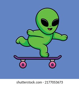 Cute Alien Playing Skateboard Cartoon Vector Icon Illustration. Science Sport Icon Concept Isolated Premium Vector