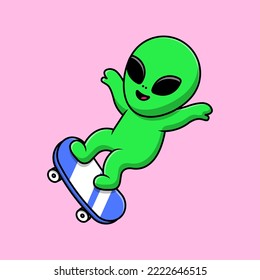 Cute Alien Playing Skateboard Cartoon Vector Icons Illustration. Flat Cartoon Concept. Suitable for any creative project.