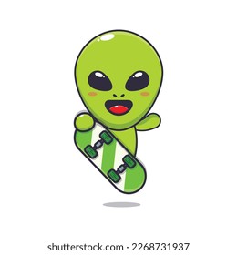 Cute alien playing skateboard. Cartoon vector Illustration suitable for poster, brochure, web, mascot, sticker, logo and icon..