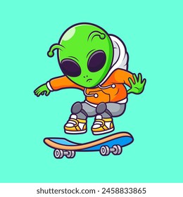 Cute Alien Playing Skateboard Cartoon Vector Icon Illustration. Science Sport Icon Concept Isolated Premium Vector. Flat Cartoon Style