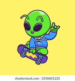 Cute Alien Playing Skateboard Cartoon Vector Icon Illustration. 
Science Sport Icon Concept Isolated Premium Vector. Flat 
Cartoon Style 