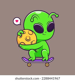 Cute Alien Playing Skateboard With Moon Cartoon Vector Icon Illustration. Science Sport Icon Concept Isolated Premium Vector. Flat Cartoon Style