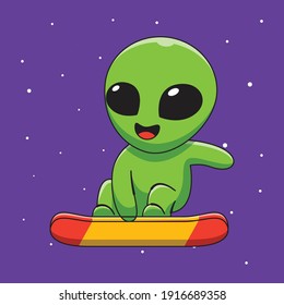 Cute Alien Playing Snowboard in Space Cartoon Illustration