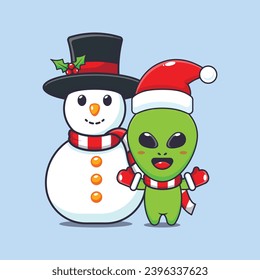 Cute alien playing with Snowman. Cute christmas cartoon character illustration. 