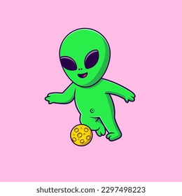 Cute Alien Playing Soccer Moon Cartoon Vector Icons Illustration. Flat Cartoon Concept. Suitable for any creative project.
