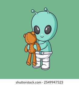 Um alienígena bonito jogando um ursinho de pelúcia Desenho Animado Ícone Ilustração. Cena brinquedos Ícone Conceito Isolado Premium Vetor