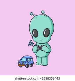 Cute alien Playing Toy Car Remote Control Cartoon Vector Icon Illustration. Scene Technology Icon Concept