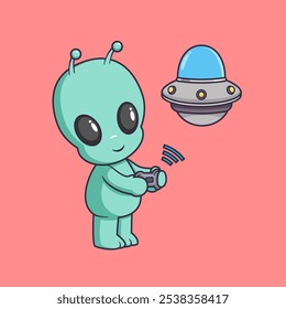 Cute alien Playing Ufo Toy Cartoon Vector Icon Illustration. Science Technology Icon Concept Isolated Premium Vector