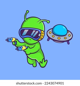 Cute Alien Playing VR Game WIth Space Gun And UFO Cartoon Vector Icon Illustration. Science Technology Icon Concept Isolated Premium Vector. Flat Cartoon Style