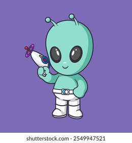 Cute alien poses holding space gun Cartoon Vector Icon Illustration. Scene war Icon Concept Isolated Premium Vector