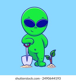 Cute Alien Posing With a Shovel And a Plant. Science Nature. Flat Cartoon Concept.