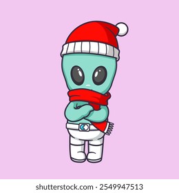 Alienígena lindo está posando con un sombrero de invierno y una bufanda Icono de Vector de dibujos animados. Escena de la temporada de invierno Icon Concept Vector Premium aislado