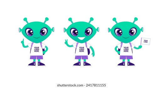 Cute Alien Pupil Character Mascot. Funny Cartoon Alien character mascot student or student for knowledge design, science, learning. Pupil branding character with logo place