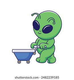 cute alien pushing shopping trolley cartoon vector