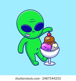 Cute Alien Putting Cherry Ice Cream Bowl Cartoon Vector Icon Illustration. Science Food. Flat Cartoon Character.