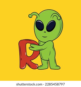 Cute Alien with R Letter Cartoon Sticker vector illustration
