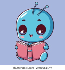 Cute Alien read Book on purple background