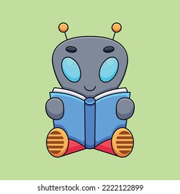 süße außerirdische Lesekarte Cartoon Maskottchen Doodle Kunst handgezeichnet Konzept Vektorsymbol Illustration