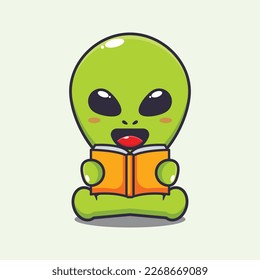 Cute alien reading a book cartoon vector illustration. Vector cartoon Illustration suitable for poster, brochure, web, mascot, sticker, logo and icon.