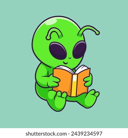 Cute Alien Reading Book Cartoon Vector Icon Illustration. Science Education Icon Concept Isolated Premium Vector. Flat Cartoon Style